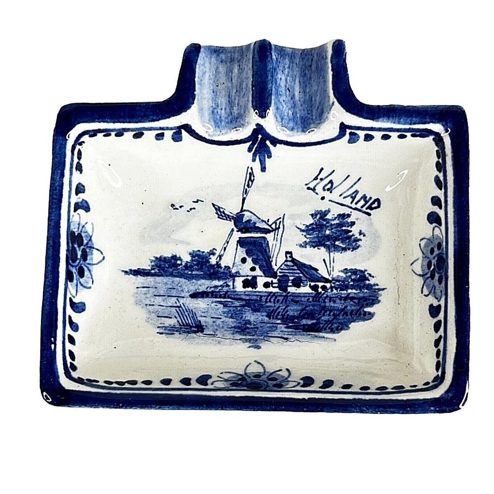 Delft Blue Ashtray Holland Windmill Signed Trinket Dish Rectangle 3.25” X 3” VTG